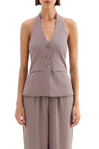 Taupe halter vest with button front and tailored fit by Nude Lucy paired with matching trousers