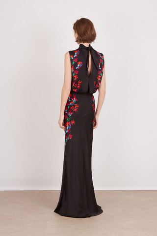 SALONI Gwen-C Dress in Equinox featuring a black base with red floral detailing, sleeveless high neckline, and floor-length flared skirt.