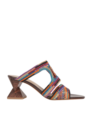 Chris Donovan Glade raffia sandal in multi with colorful woven upper and sculptural dark wood heel