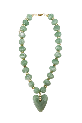 Gemelli Athens Beaded Necklace in Green with soft marbled beads and coordinating heart pendant.
