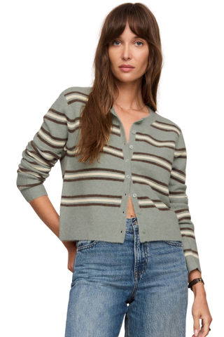 Aqua and cream striped button-front cardigan with long sleeves.
