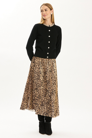 Tyler Boe Cara Animal Print Skirt in Multi featuring a pleated leopard print midi silhouette with subtle metallic detailing.