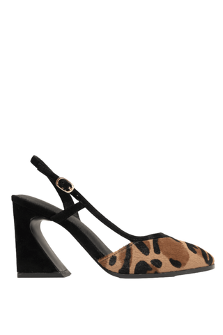 Cecelia New York Sophia Heel in Black and Leopard with leopard pony hair toe, black suede trim, slingback strap, and sculptural heel.