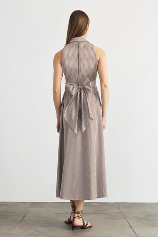 Hannah Dress acorn and white striped sleeveless midi dress with tie waist from Tanya Taylor