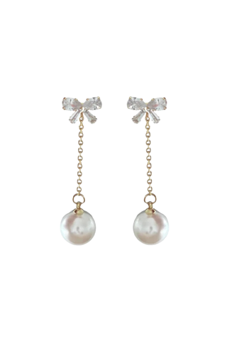 Crystal Bow and Pearl Earrings, Gold