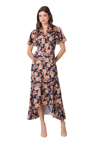 Shoshanna Cinnie Dress in Navy Multi featuring a floral satin print, draped V-neckline, flutter sleeves, gold-tone buttons, and asymmetrical hem.