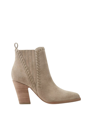 Marc Fisher Alvira Bootie in Taupe featuring suede construction, pointed toe, and stacked block heel.