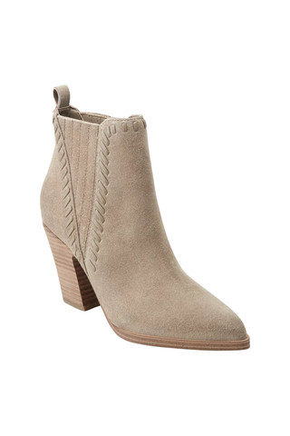 Marc Fisher Alvira Bootie in Taupe featuring suede construction, pointed toe, and stacked block heel.