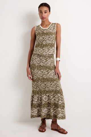 Marie Oliver Kim Top in Viper featuring an earthy snakeskin-inspired jacquard knit, sleeveless silhouette, crew neckline, and contrast trim.
