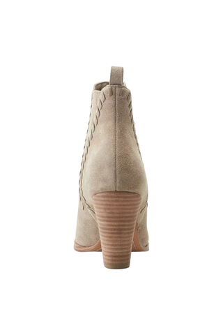 Marc Fisher Alvira Bootie in Taupe featuring suede construction, pointed toe, and stacked block heel.