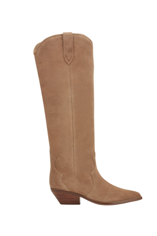 Marc Fisher Ander Boot in Medium Natural featuring tall suede construction and pointed toe.