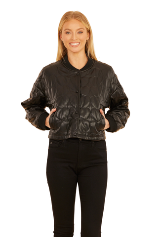 Faux Leather Heart Quilted Jacket, Black