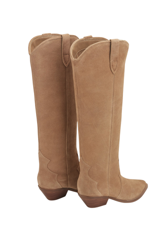 Marc Fisher Ander Boot in Medium Natural featuring tall suede construction and pointed toe.