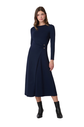 Shoshanna Harrison Dress in Navy featuring a fitted knit bodice, long sleeves, wrap-effect waist, gold buckle detail, and A-line midi skirt.