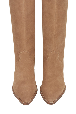 Marc Fisher Ander Boot in Medium Natural featuring tall suede construction and pointed toe.