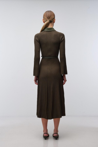 Dark olive collared midi dress with long sleeves and a pleated skirt.