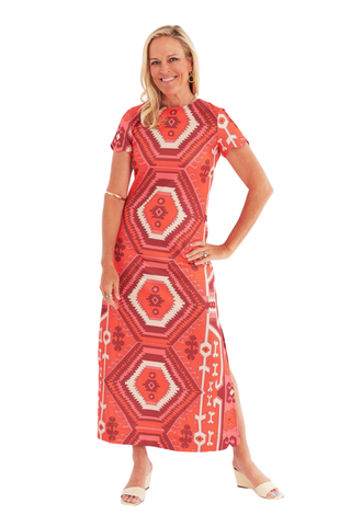 C.K. Bradley Malabar Dress in Kilim Maple red and orange geometric print with short sleeves and a straight maxi silhouette.