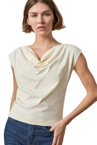 Lilla P Drape Neck Wedge Top in Rope ivory featuring a softly draped neckline, cap sleeves, and relaxed silhouette.
