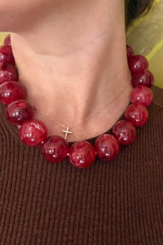 KMS Gems Chunky Beaded Necklace in Fall Berries featuring oversized glossy berry-red beads and an adjustable gold silk cord.