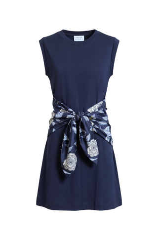 Navy blue dress with a floral belt on a white background