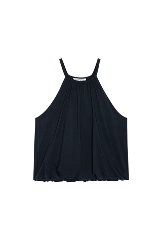 Model wearing the Nation LTD Bell Bubble Top in Night Sky featuring a gathered halter-inspired neckline, bubble hem, and relaxed Pima cotton silhouette.