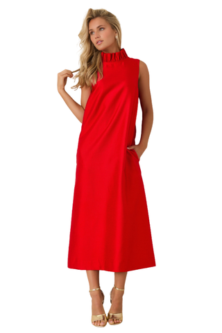 Prosperina Cecily Maxi Dress in Cranberry Red featuring a sleeveless high neckline, flowing A-line silhouette, and elegant midi-to-maxi length.