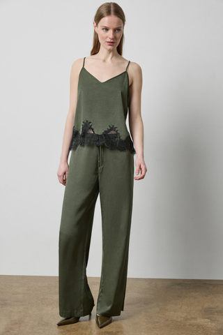 Lilla P Crepe Satin Trouser in Fir green featuring a relaxed wide-leg silhouette, adjustable drawstring waistband, and fluid satin finish.