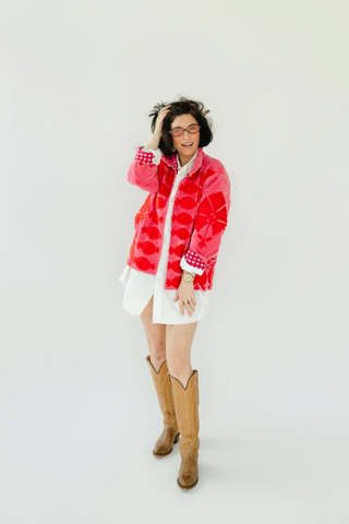 Eleanor James Brand Sgt. Pepper Crew Jacket in Cherrybomb red velvet with bold pink Suzani embroidery.