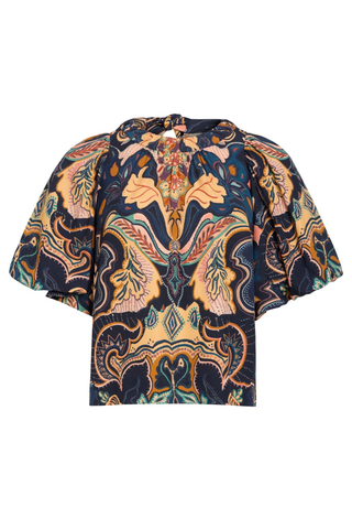 Marie Oliver Wren Top in Saddle featuring a bold Western-inspired print, gathered neckline, and short puff sleeves.