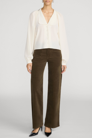 FRAME Le Slim Palazzo Corduroy pants in Rich Military olive featuring a high rise, front patch pockets, and full-length wide-leg silhouette.