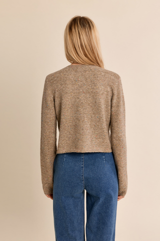 Molly Bracken Knitted Cardigan in camel with long sleeves, round neckline, and button-front closure.