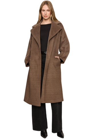 Z Supply Nola Belted Coat in Smoked Pewter featuring a long wool-blend silhouette, oversized notched collar, self-tie waist belt, and welt pockets.