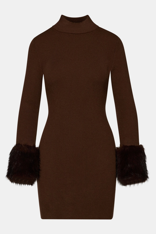 Steve Madden Riello Dress in Dark Espresso brown featuring a fitted ribbed mini silhouette, mock neckline, long sleeves, and faux-fur cuffs.