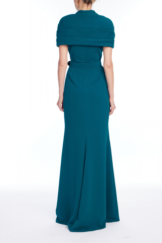 Badgley Mischka Cowl Neck Gown in teal featuring a draped neckline, fitted bodice, and sleek floor-length silhouette.