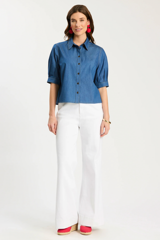 Tyler Boe River Denim Shirt in Dark Denim with cropped silhouette and puffed sleeves