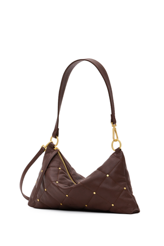 Hammitt Kyle Med Handbag in Quilted Espresso featuring dark brown pebbled leather, quilted stitching, mini rivet details, and brushed gold hardware.