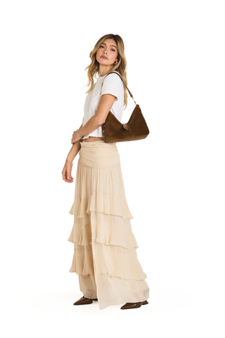 Hammitt Grace Med Handbag in Cinnamon Suede with antique gold hardware, brown leather trim, V-shaped top edge, and detachable straps.
