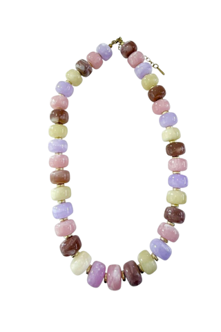 Gemelli Morris Chunky Beaded Necklace in Pastel Mix featuring oversized resin beads in soft lavender, pink, green, cream, and neutral tones.