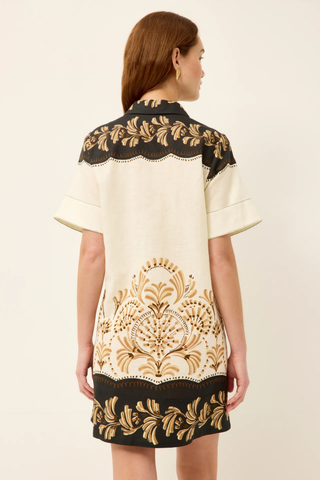 Marie Oliver Dede Dress in Fleuron with polo collar, tailored silhouette, and Mediterranean tile-inspired placement print in cream, tan, and black