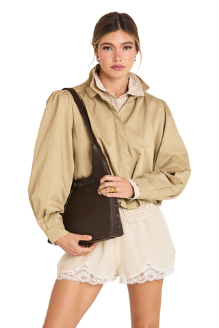 Hammitt Tim Med Handbag in Belted Espresso featuring dark brown pebbled leather, a soft hobo silhouette, belt detail, and gunmetal hardware.