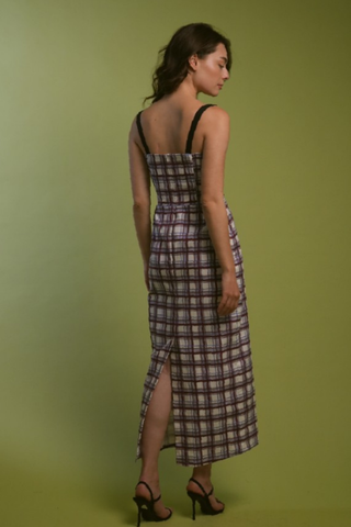 Burgundy plaid midi dress with delicate straps and a fitted silhouette.