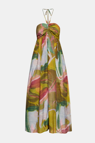 Steve Madden Yazmina maxi dress in Marble print featuring a flowy halter silhouette with bead detailing and abstract olive and blush tones