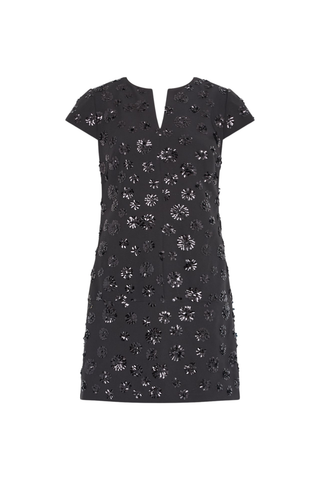 Milly Pat Sequin Mini Dress in Black featuring floral sequin embellishments, a notched V-neckline, short sleeves, and a shift silhouette.