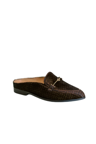 Softwaves Janet Loafer Mule in Choco Zebrino chocolate brown with textured finish, loafer detailing, and backless silhouette.