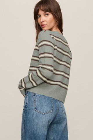 Aqua and cream striped button-front cardigan with long sleeves.