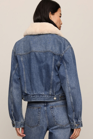 Z Supply Daily Denim Fur Jacket in Hush featuring vintage indigo denim, a cropped silhouette, and removable sherpa collar.
