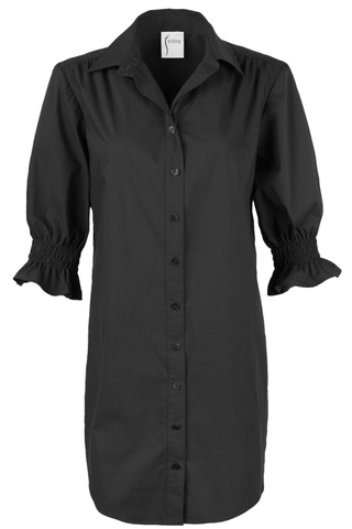 Finley Miller Dress in Black featuring a button-down front, spread collar, puff sleeves, smocked cuffs, and knee-length shirttail hem.