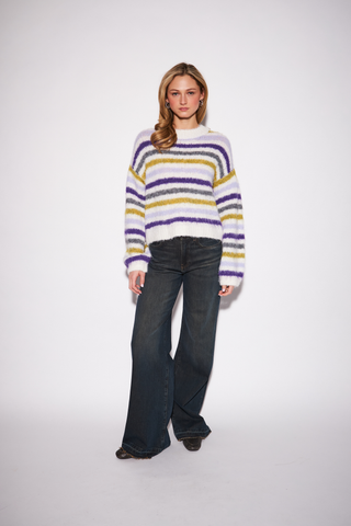 Zoe Sweater in Lavender Haze featuring lavender, cream, and chartreuse stripes with a relaxed crewneck silhouette.