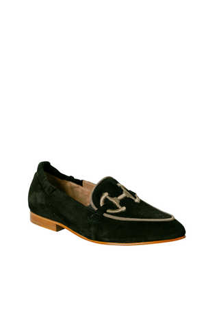 Softwaves Leila Embroidered Loafer in Black/Rhino featuring a black slip-on silhouette with contrast embroidery across the vamp.