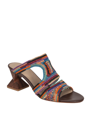 Chris Donovan Glade raffia sandal in multi with colorful woven upper and sculptural dark wood heel